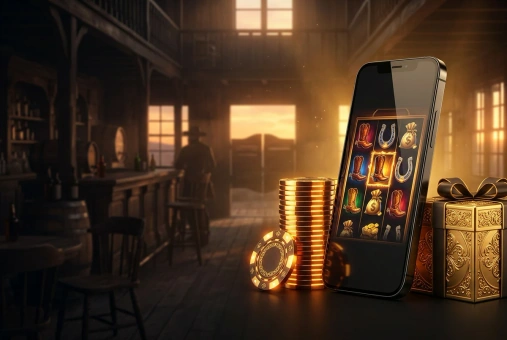 Jetons et coffret doré près d’un téléphone affichant une machine à sous